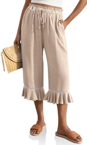 Womens Linen Ruffle Capri Pants with Pocket Heather Light Khaki