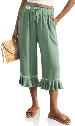 Womens Linen Ruffle Capri Pants with Pocket Light Army Green