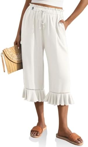 Womens Linen Ruffle Capri Pants with Pocket Milky White