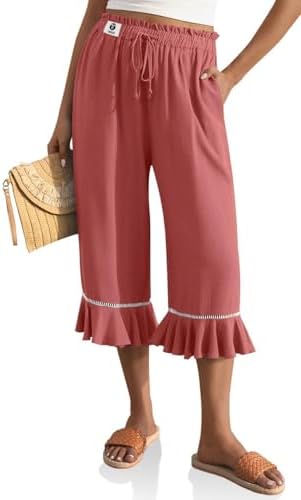 Womens Linen Ruffle Capri Pants with Pocket Rust Red, L