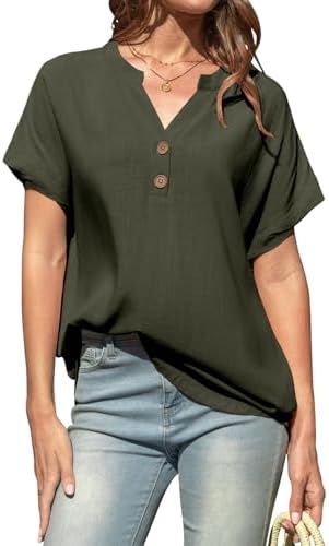 Women Linen Short Sleeve Henley Tops V Neck Blouse Casual Summer Trendy