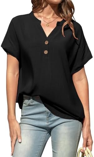Women Linen Short Sleeve Henley Tops V Neck Blouse Casual Summer Trendy