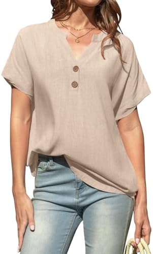 Women Linen Short Sleeve Henley Tops V Neck Blouse Casual Summer Trendy