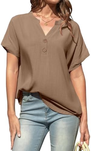 Women Linen Short Sleeve Henley Tops V Neck Blouse Casual Summer Trendy