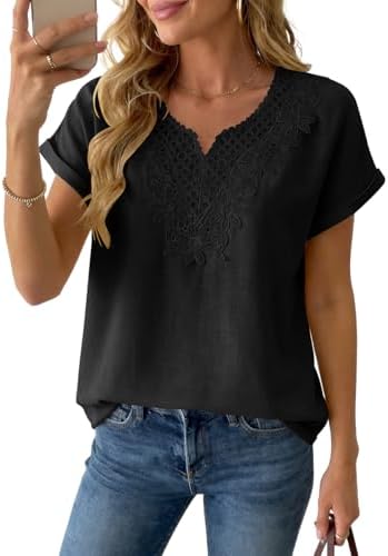 Women's Linen Short Sleeve Tops Boho Lace Casual Blouses Summer Black