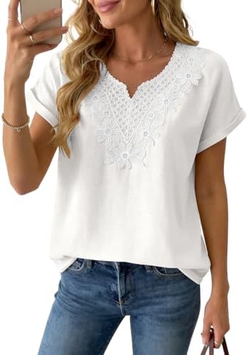 Women's Linen Short Sleeve Tops Boho Lace Casual Blouses Summer White