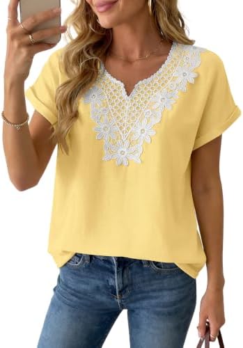 Women's Linen Short Sleeve Tops Boho Lace Casual Blouses Summer