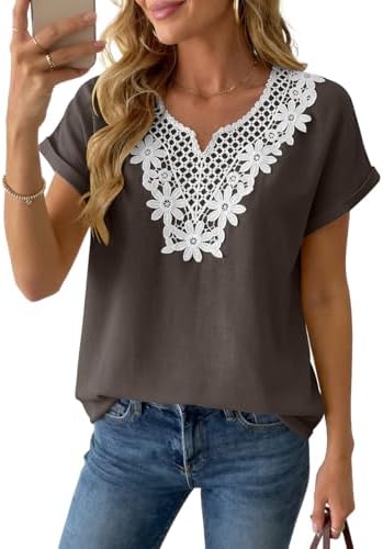 Women's Linen Short Sleeve Tops Boho Lace Casual Blouses Summer