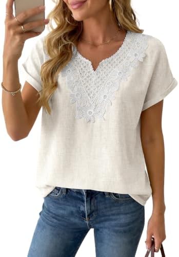 Women's Linen Short Sleeve Tops Boho Lace Casual Blouses Summer