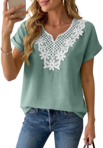 Women's Linen Short Sleeve Tops Boho Lace Casual Blouses Summer