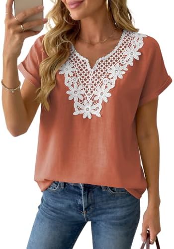 Women's Linen Short Sleeve Tops Boho Lace Casual Blouses Summer Rust