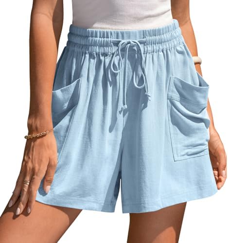 Womens Linen Shorts Elastic Waist Wide Leg Drawstring Casual Lounge