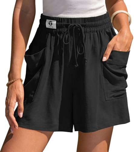 Womens Linen Shorts Elastic Waist Wide Leg Drawstring Casual Lounge