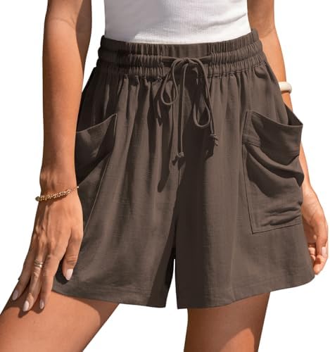 Womens Linen Shorts Elastic Waist Wide Leg Drawstring Casual Lounge