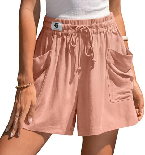 Womens Linen Shorts Elastic Waist Wide Leg Drawstring Casual Lounge