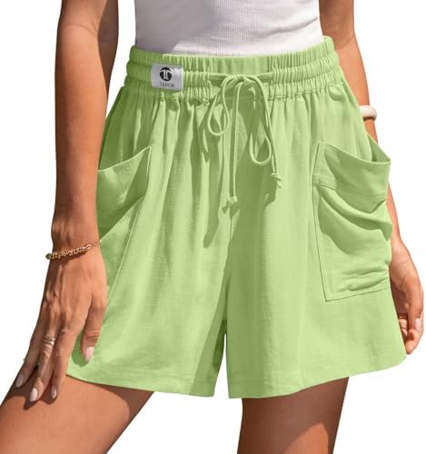 Womens Linen Shorts Elastic Waist Wide Leg Drawstring Casual Lounge