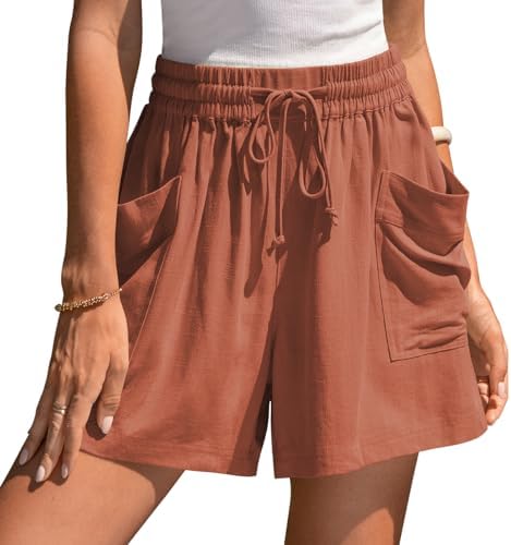 Womens Linen Shorts Elastic Waist Wide Leg Drawstring Casual Lounge