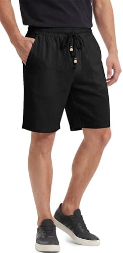 Linen Shorts for Men Casual 7 Inch Inseam Summer Beach Vacation Black