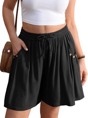 Linen Shorts for Women Wide Leg 5" Inseam Flowy Baggy Summer Black
