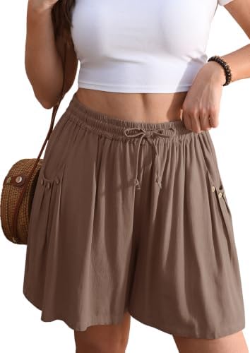Linen Shorts for Women Wide Leg 5" Inseam Flowy Baggy Summer Coffee