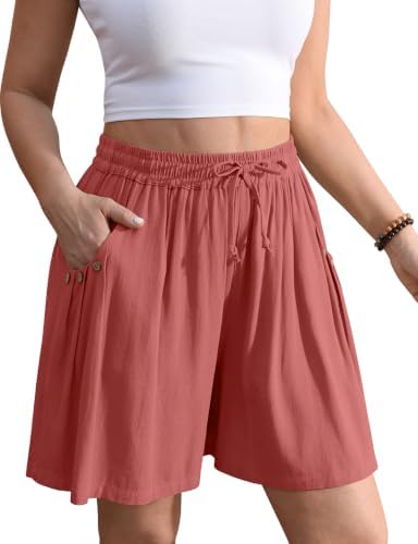 Linen Shorts for Women Wide Leg 5" Inseam Flowy Baggy Summer Rust Red
