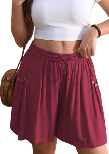 Linen Shorts for Women Wide Leg 5" Inseam Flowy Baggy Summer Wine