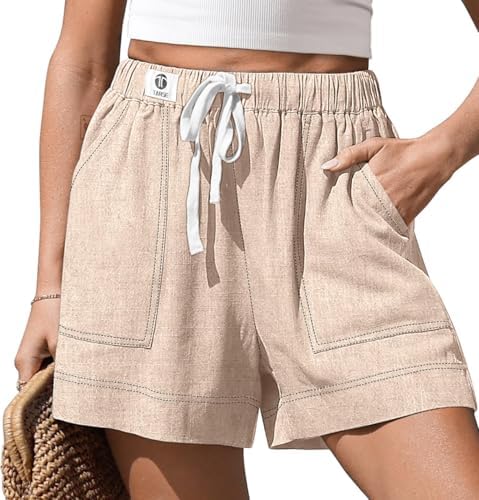 Womens Linen Shorts with Pockets Heather Light Khaki, L