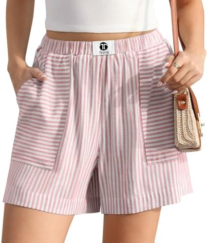 Womens Linen Striped Shorts Casual Lounge Loose Shorts with Pockets
