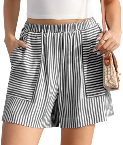 Womens Linen Striped Shorts Casual Lounge Loose Shorts with Pockets