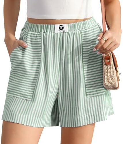 Womens Linen Striped Shorts Casual Lounge Loose Shorts with Pockets