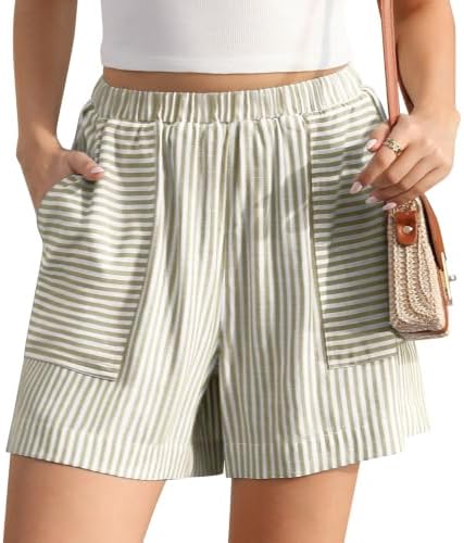 Womens Linen Striped Shorts Casual Lounge Loose Shorts with Pockets
