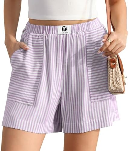 Womens Linen Striped Shorts Casual Lounge Loose Shorts with Pockets