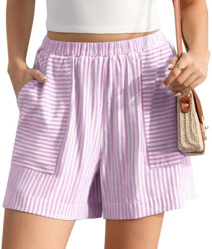 Womens Linen Striped Shorts Casual Lounge Loose Shorts with Pockets