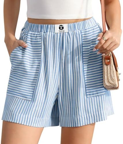 Womens Linen Striped Shorts Casual Lounge Loose Shorts with Pockets