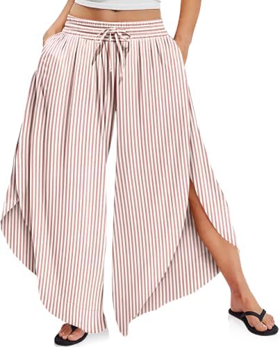 Women's Linen Striped Wide Leg Pants Side Slit Hem Palazzo Cropped