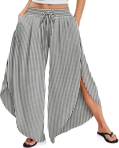 Women's Linen Striped Wide Leg Pants Side Slit Hem Palazzo Cropped