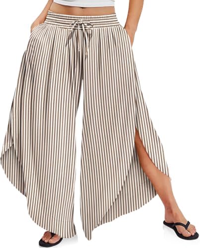 Women's Linen Striped Wide Leg Pants Side Slit Hem Palazzo Cropped
