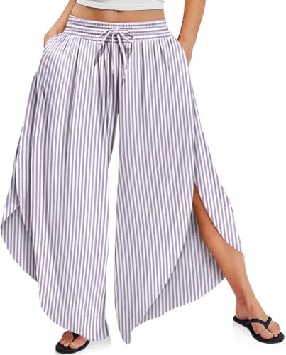 Women's Linen Striped Wide Leg Pants Side Slit Hem Palazzo Cropped