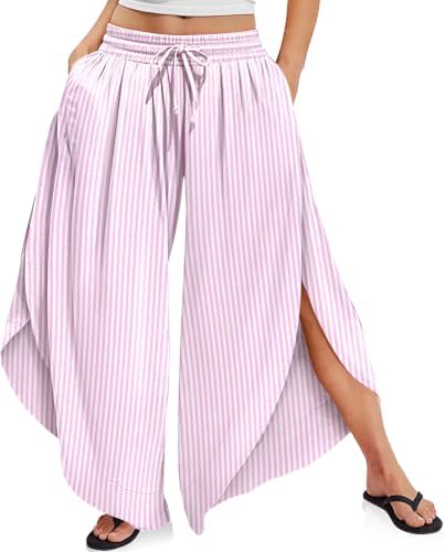 Women's Linen Striped Wide Leg Pants Side Slit Hem Palazzo Cropped