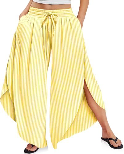 Women's Linen Striped Wide Leg Pants Side Slit Hem Palazzo Cropped