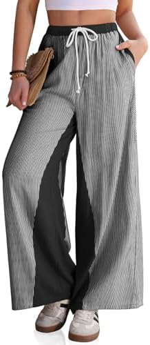 Women's Linen Striped Wide Leg Pants with Pockets Black