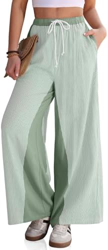 Women's Linen Striped Wide Leg Pants with Pockets Light Army Green