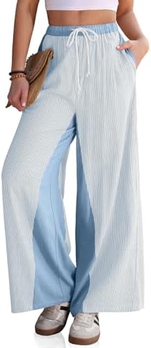 Women's Linen Striped Wide Leg Pants with Pockets Light Blue