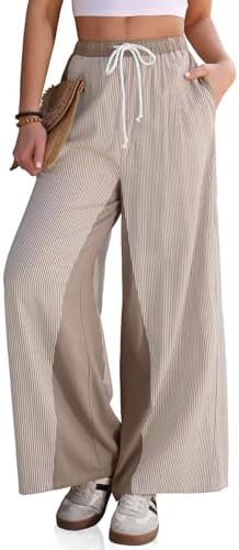 Women's Linen Striped Wide Leg Pants with Pockets Light Brown