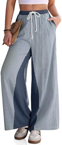 Women's Linen Striped Wide Leg Pants with Pockets Light Navy
