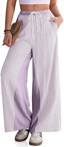 Women's Linen Striped Wide Leg Pants with Pockets Light Purple