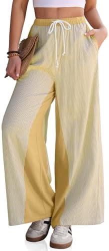 Women's Linen Striped Wide Leg Pants with Pockets