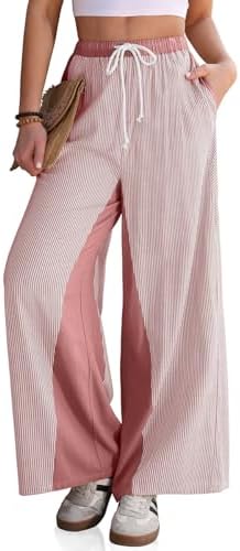 Women's Linen Striped Wide Leg Pants with Pockets Rust