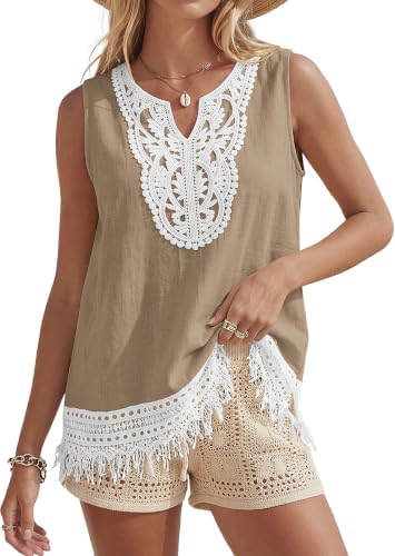Women's Linen Tank Tops Boho Blouses Casual Sleeveless Summer Shirt