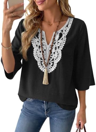 Linen Tops for Women Boho Blouses 3/4 Sleeve Casual Summer Shirts